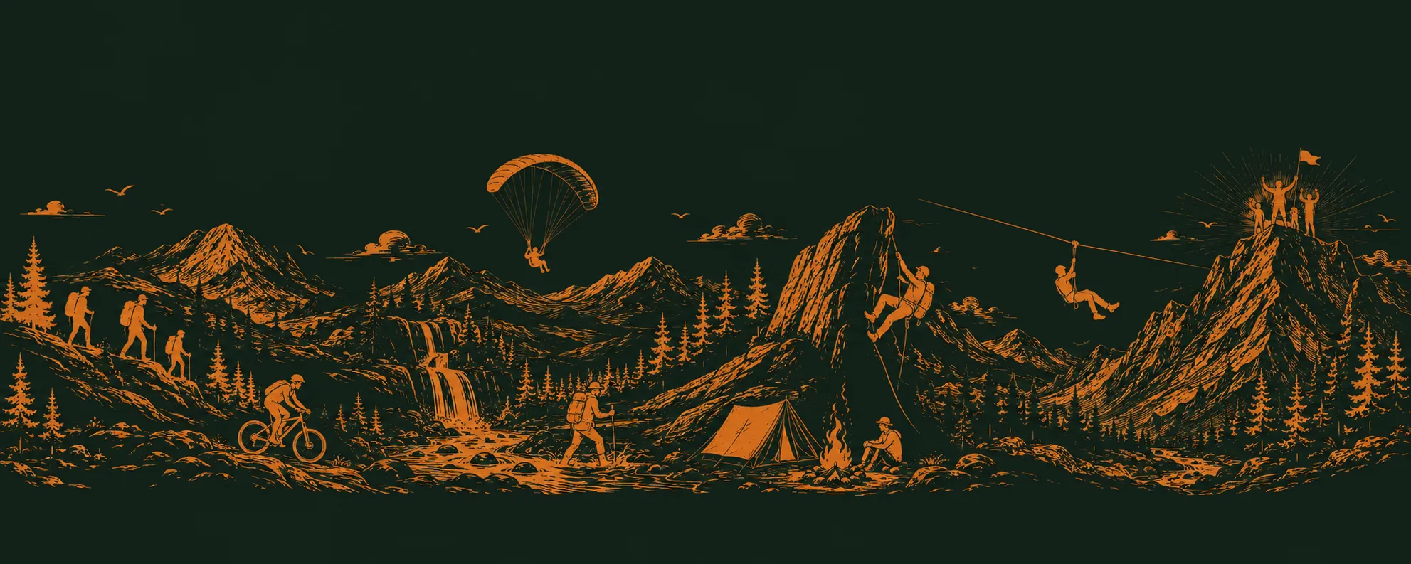 Illustration of climbers, hikers, cyclists, campers, ziplining and paragliding across a mountain landscape