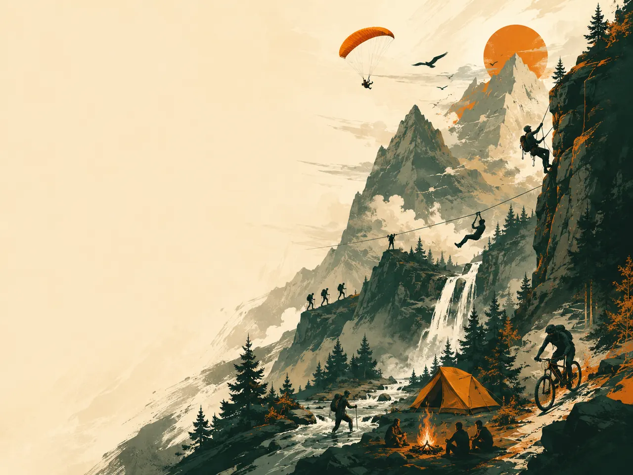 Outdoor adventurers climbing, hiking, cycling and camping across a mountain landscape